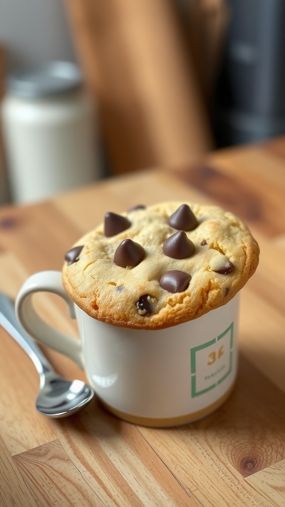 A mug filled with a warm chocolate chip cookie, with melting chocolate chips on top.